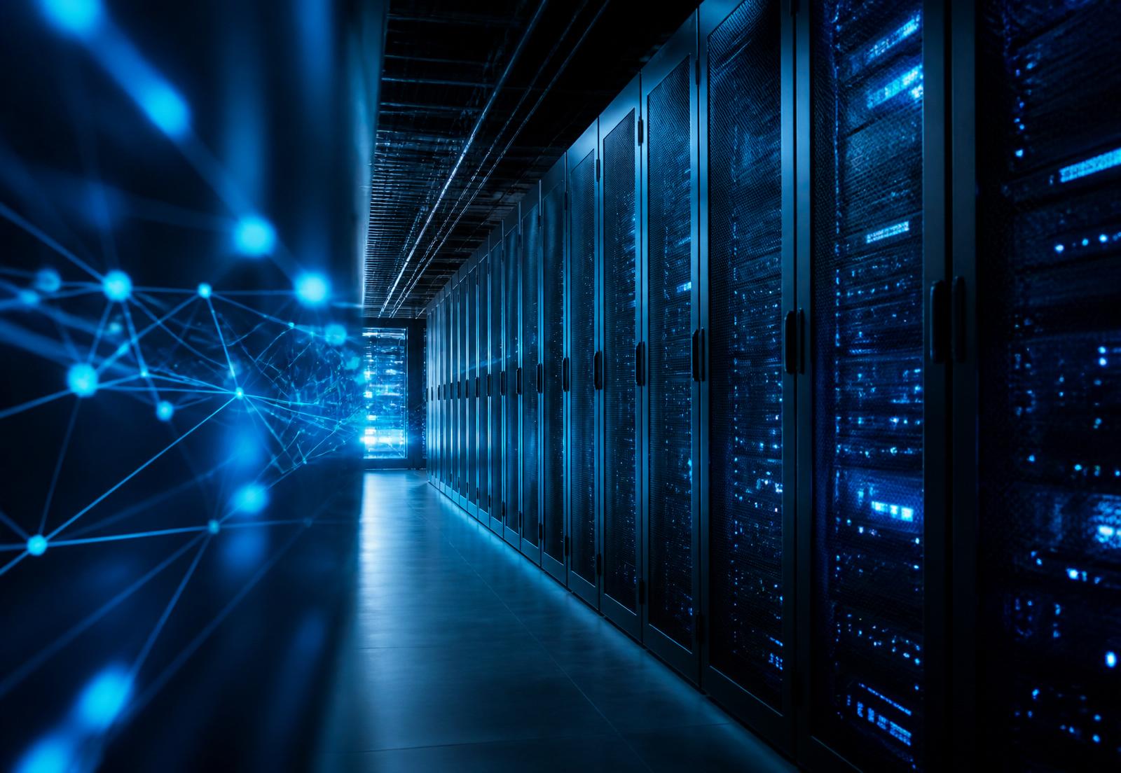 Corredor de data center com racks de servidores iluminados em azul